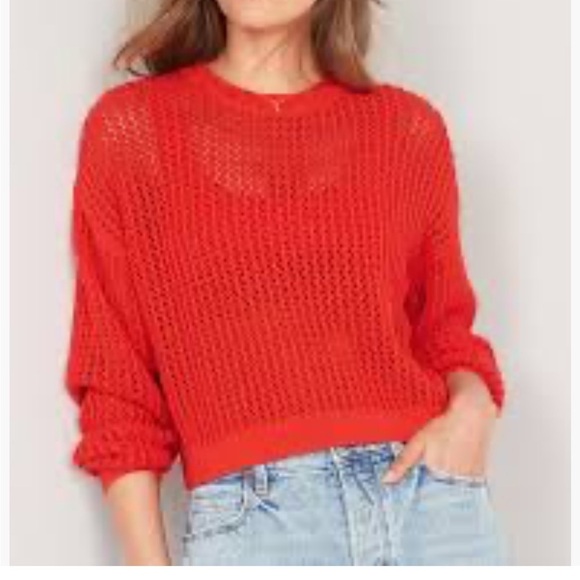 ❤️2/$30❤️M]Old Navy Long Sleeve Cropped Crochet Red Open Knit Sweater 100 Cotton - Picture 1 of 11